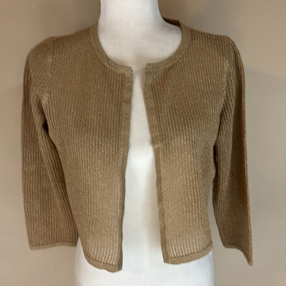Talbots Gold Sparkle Open Front Cropped Cardigan Sweater Shrug Size M - Picture 11 of 11